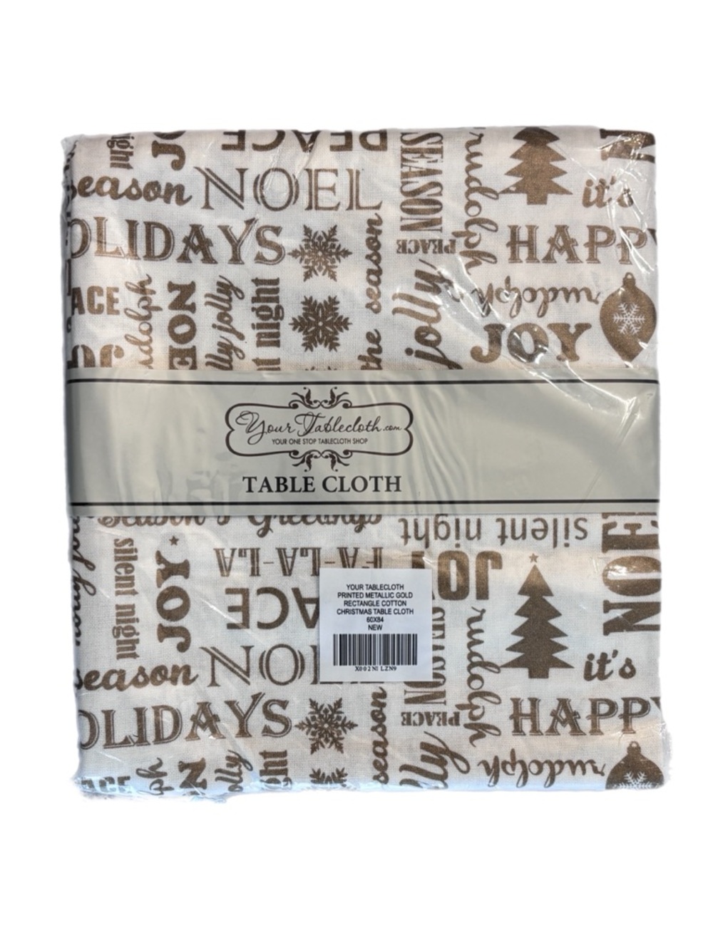 Holiday Script & Icons Tablecloth in Cream and Metallic Gold - Picture 2 of 5